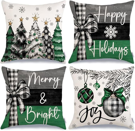 GEEORY Christmas Throw Pillow Covers 20 x 20 Inch Set of 4, Xmas Trees Merry and Bright Happy Holidays Farmhouse Decorative Cushion Cases for Home Decoration G584-20