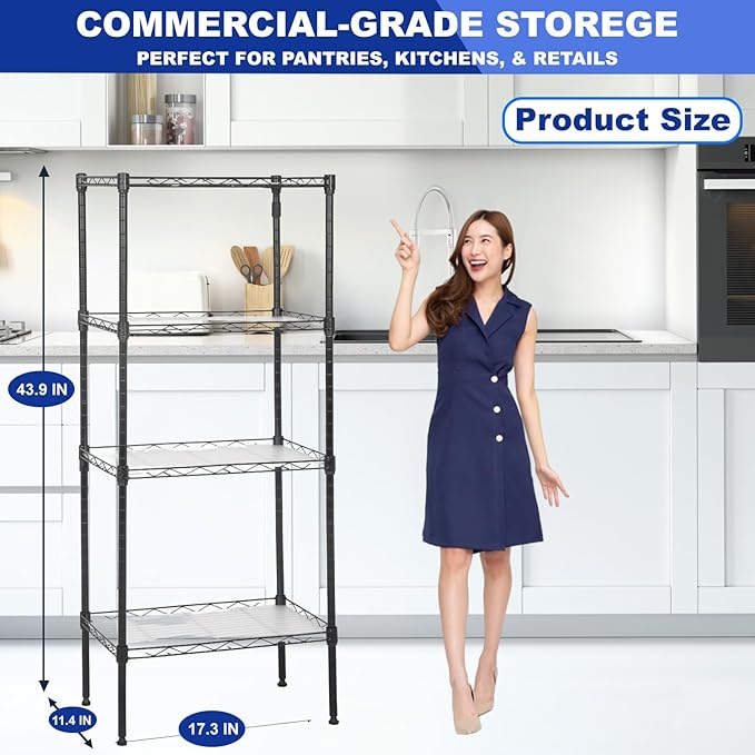 PayLessHere | 4-Tier Wire Shelf | 18"x12"x44" | Black | Adjustable Racks | Heavy-Duty Storage Shelves, Holds Upto 600 lbs | Rust-Resistant, No-Tool Assembly | for Home, Garage Shelving
