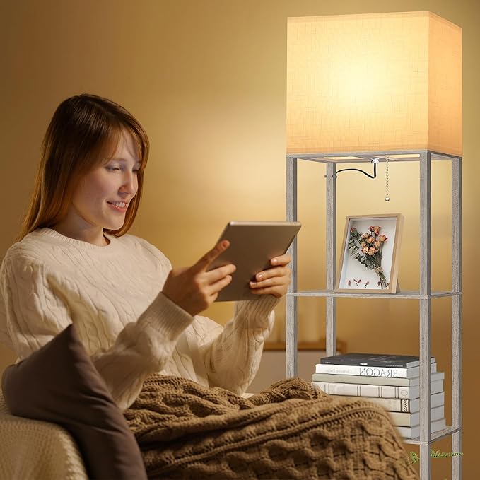 Dott Arts Floor Lamp with Shelves, Wide Floor Lamps for Living Room Display Shelf Lamps with 3 Color LED Bulb,Storage Wood Modern Floor Lamp for Bedroom Standing Lamp for Living Room Office（Grey）