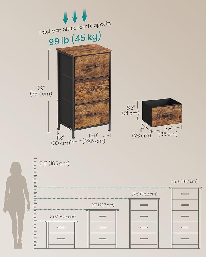 SONGMICS Dresser for Bedroom, Chest of Drawers, Steel, MDF, 3 Non-Woven Fabric Drawers, Storage Organizer Unit, Closet, Entryway, Rustic Brown and Ink Black ULGS313B02S