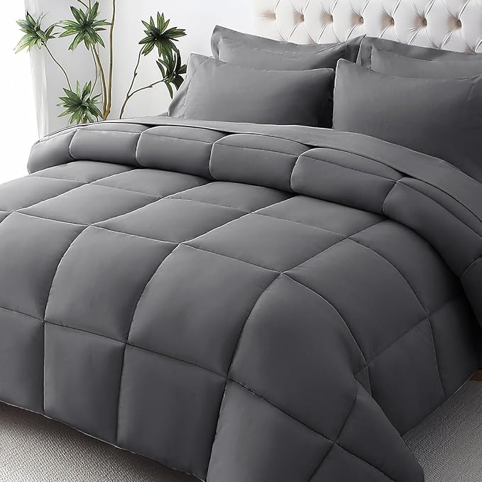 JOLLYVOGUE Oversized King Comforter Set, Ultra-Soft Bed in a Bag Oversized King Size 7 Pieces, Oeko-TEX Certified Bedding Set with Down Alternative Comforter, Sheets, Pillowcases & Shams, Dark Grey