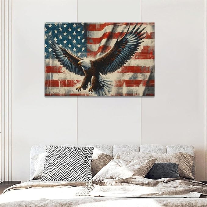 Large Bald Eagle Wall Art American Flag and Eagle Pictures Wall Decor Patriotic Motivational Bedroom Sign Canvas Painting Prints Modern Home Decoration Artworks Framed for Living Room Office 24"x16"