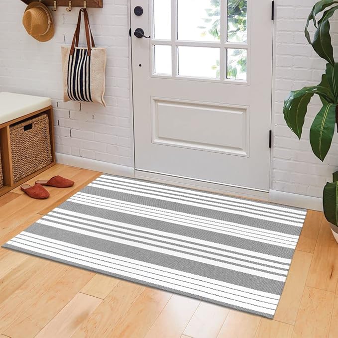 OJIA Fall Front Door Rug 24''x51'' Gray and White Striped Outdoor Rug Machine Washable Porch Rug Halloween Front Door Mat Outdoor Indoor Area Rugs Cotton Woven Entry Mat for Home Entrance/Farmhouse