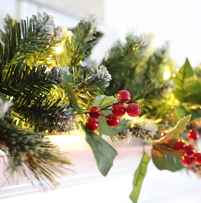 6ft Christmas Garland with Lights,Lighted Artificial Flowering Pine Garland for Mantle,Prelit Faux Green Christmas Winter Garland with Pine Cones and Red Berry for Indoor Outdoor Decor