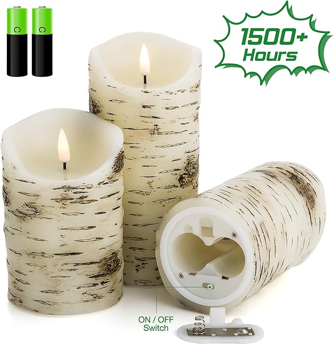 Eywamage Birch Bark Flameless Pillar Candles with Remote, Flickering Rustic Battery LED Wood Candles Set of 3