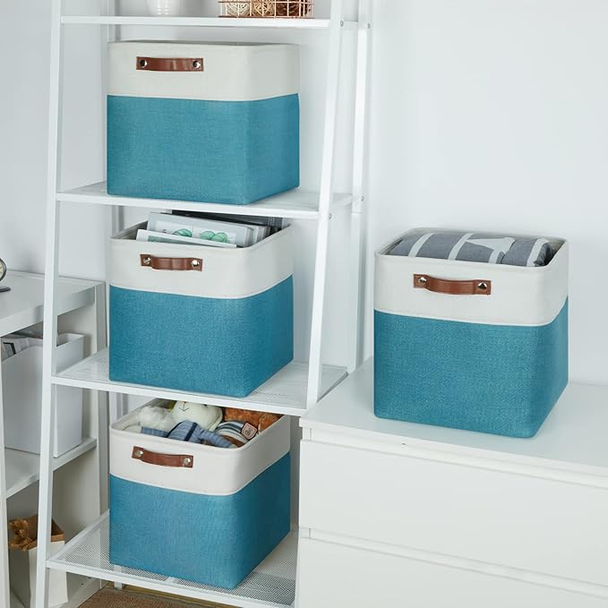 Temary Baskets Storage 12 Inch Fabric Storage Cubes Storage Baskets with Handle, Large Cube Storage Bins for Storage Books, Blankets, Clothes Baskets for Gift (White&Teal)