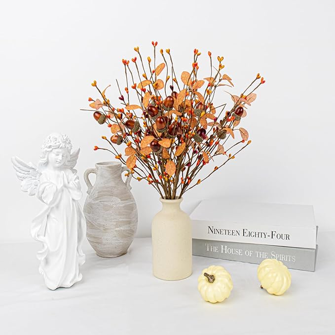 12 PCs Artifical Fall Stems 17 Inches Faux Autumn Branches Fall Floral Picks with Berry Acorn for Vase Table Centerpieces Window Living Room Indoor Decor