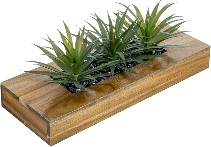 MyGift 15 Inch Large Artificial Green Grass Plants in Premium Acacia Solid Wood Decorative Planter, Tabletop Faux Greenery Decor with Wooden Rectangular Container