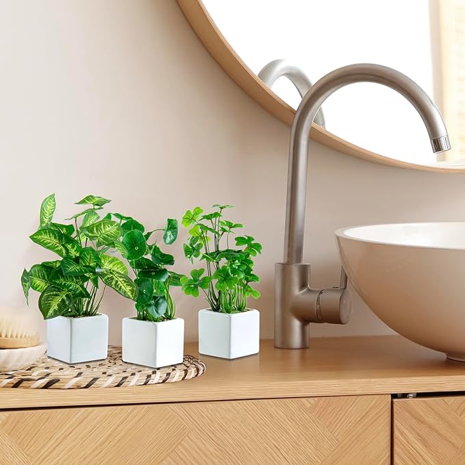 MyGift Set of 3 Artificial Plants, Faux Potted Plants Indoor, Small Fake House Plant in White Square Ceramic Pots for Shelf Decor