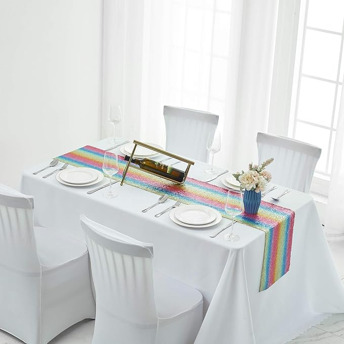 2 Packs 12 x 108 inches Rainbow Sequin Table Runner, Glitter Rainbow Table Runner for Wedding Birthday Bachelorette Holiday Party Supplies Decorations Bridal Shower Baby Shower