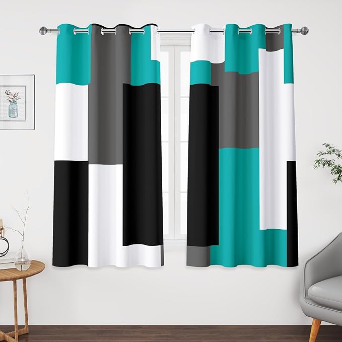 Teal/Turquoise 100% Blackout Curtains 45 inch Length 2 Panels Set Black White Grey Modern Abstract Geometric Drapes for Kitchen Curtains Insulated Room Darkening Small Window Curtains, 52Wx45L
