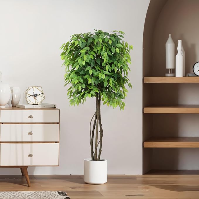 Faux Ficus Tree 5ft(60in) Artificial Floor Plant for Indoor Decor Realistic Potted Tree with Texture Silk Leaves and Natural Wood Trunk for Home Living Room,Office Perfect Housewarming Gift