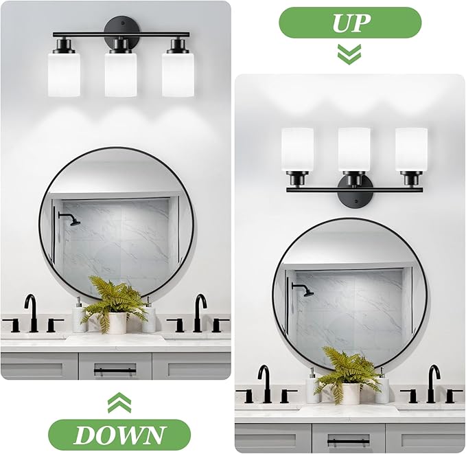 3-Light Black Bathroom Light Fixture with with Milky White Frosted Glass Shade, Matte Black Vantiy Lights for Bathoom Bedroom Living Room - E26 Base