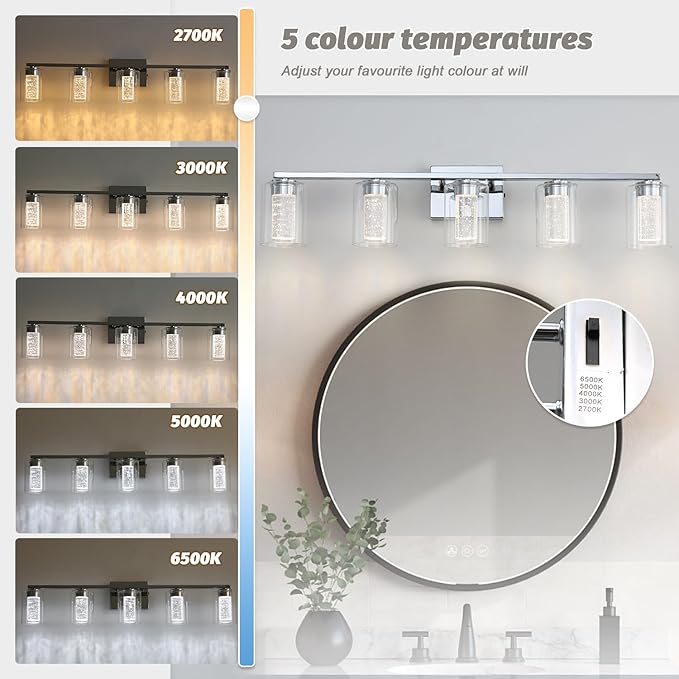 5 Light Chrome Bathroom Light Fixture, Dimmable 5CCT Chrome Bathroom Vanity Lights, 2700K-6500K Modern Crystal Bubble LED Wall Sconce Over Mirror with Clear Glass for Bedroom, Living Room