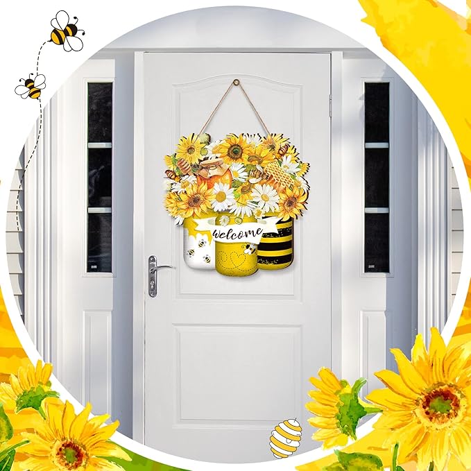 Spiareal Bee Welcome Yellow Hanging Front Door Summer Decorations for Home Hanger Wooden Sign Farmhouse Wall Bright Porch Decoration Art Wreaths for Front Door Outside All Season