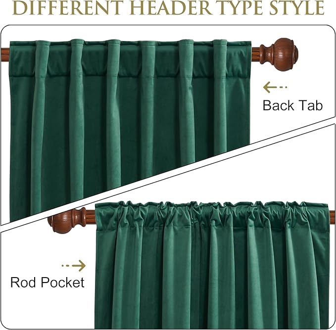 StangH Green Velvet Curtains 108 inches Long, Back Tab Living Room Window Panels Thermal Insulated Room Darkening Drapes for Sliding Door, W52 x L108, 2 Panels