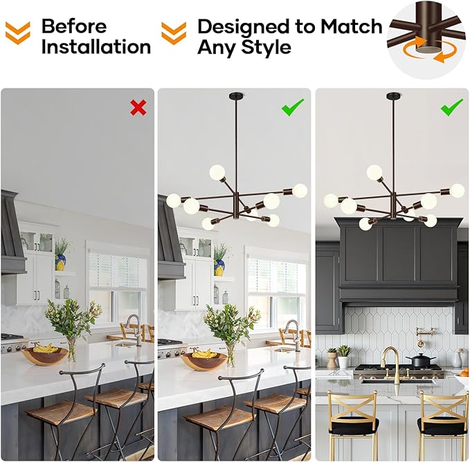 30" Modern Chandelier Ceiling Light Fixture, 8-Light Sputnik Chandeliers Brown and Gold Mid Century Chandelier Over Table, Height Adjustable Chandeliers for Dining Room Kitchen (Bulbs Not Included)