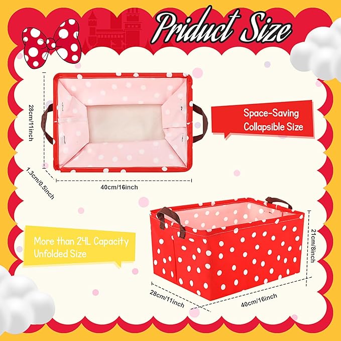 3 Pack Cartoon Mouse Storage Baskets Waterproof Canvas with Leather Handles Storage Bins Basket Organizer Collapsible for Closet Clothes Room School Red Yellow Black Dot Decor