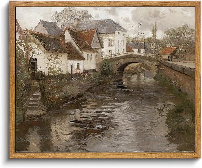 KBKBART Vintage Wall Art, Retro European Village Country Framed Canvas Art Prints Painting Farmhouse Decor, Rustic Impressionism Scenic Landscape Wall Decor for Bathroom, Bedroom Living Room, Vintage Wall Decor(9"x11")