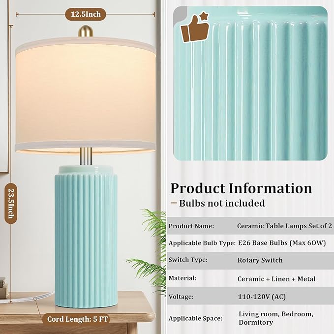 23.5’’ Light Green Coastal Table Lamps for Bedroom Set of 2, Modern Ceramic Nightstand Lamps for Living Room, Elegant Bedside Lamps with White Line Shade Set for Reading, Farmhouse Side Table Lamps