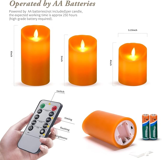 Real Wax Flickering Flameless Candles Battery Operated LED Fake Candle Set with Remote Control and Timer for Halloween Decorations (Orange)