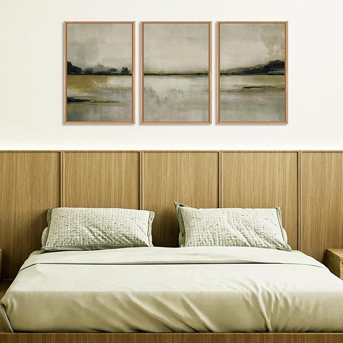 KAIRNE Large Neutral Abstrcat Landscape Wall Art Set, 3 piece Abstrcat Mountain Lake Wall Decor, Neutral Tan Scenery Wall Painting, Nature Landscape Art Print for Bedroom, Living Room, Office 16"x24"