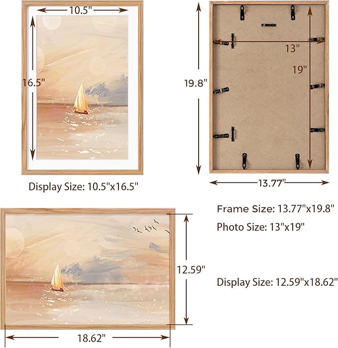 13x19 Picture Frame, Solid Oak Wood Frame 13 x 19 Frame for Wall, 13"x19" Photo Frame with Tempered Real Glass, 13x19 Picture Frame Matted to 11x17, Rustic Wooden 13x19 Poster Frame