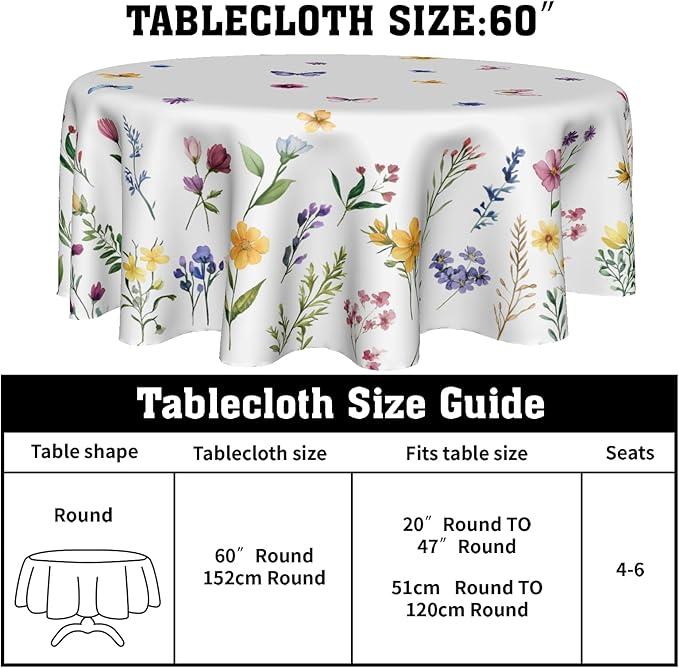 Spring Flower Round Tablecloth Spring Summer Floral Tablecloth Round 60 Inch Watercolor Wildflower Table Cloth Spring Butterfly Farmhouse Table Covers for Kitchen Dinner Picnic Party Indoor Outdoor