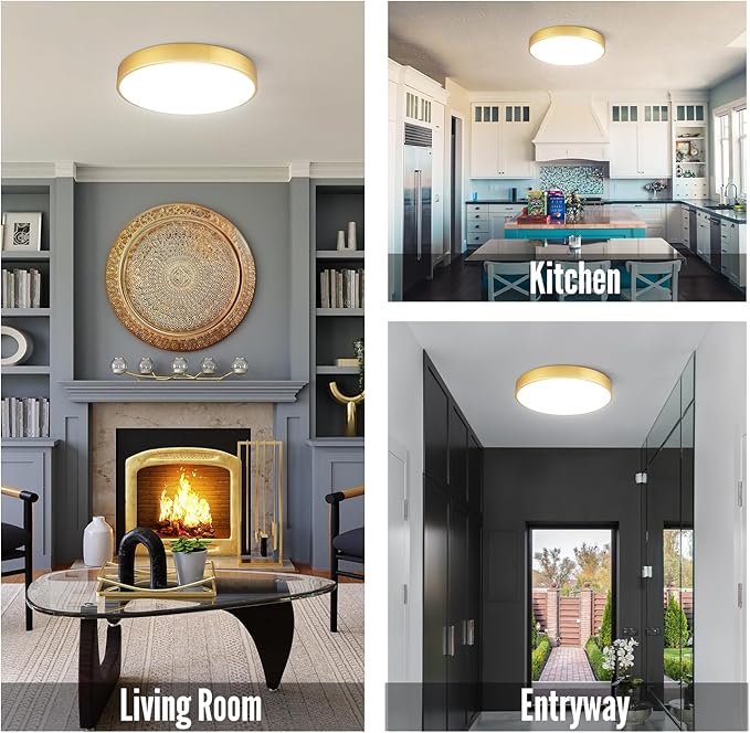 Gold LED Flush Mount Ceiling Light Fixture, 15 inch, 36W, Dimmable, Modern Kitchen, Bedroom, Bathroom, Living Room Lighting