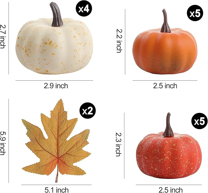 16PCS Realistic Mini Pumpkin Decor,Fall Decor with Pumpkins Maple Leaves, Artificial Pumpkin Decor for Autumn Filler, Realistic Pumpkin Decorations for Halloween Thanksgiving Fall Home Decor