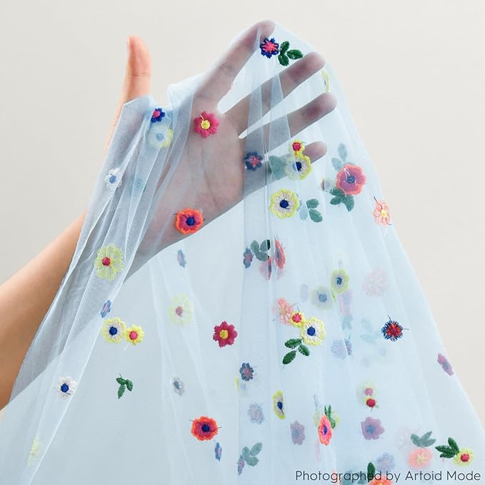 Artoid Mode Blue Embroidery Daisy Gauze Table Runner 120 Inch 10FT, Seasonal Sheer Kitchen Dining Holiday Wedding Birthday Table Decor for Home Party