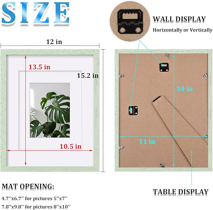 Egofine 11x14 Picture Frames Set of 4, Made of Solid Wood Covered by Plexiglass 5x7 and 8x10 with Mat or 11x14 without Mat, for Table Top Display and Wall Mounting Photo Frame Rustic Green