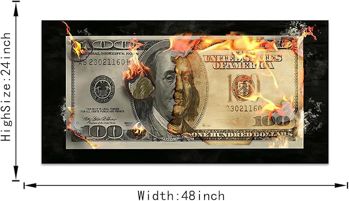 Large Canvas Money Artwork for Home Walls Flame Burning 100 Money Wall Art Creative Wall Pictures for Office Abstract Money Art Print Farmhouse Bathroom Bar Wall Decor Gallery Wrapped-48"Wx24"H