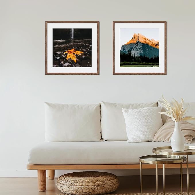 16x16 Picture Frames, Solid Oak Wood Photo Frame 16 by 16, Rustic Wooden Square Picture Frame with Tempered Real Glass, 16 x 16 Square Frame Matted to 12 x 12, Walnut Color, Set of 2