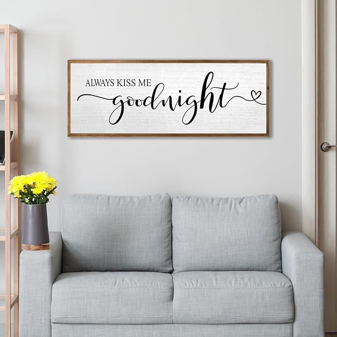 Always Kiss Me Goodnight Wall Sign 40''×15'' Vintage Master Bedroom Above Bed Farmhouse Wooden Framed Family Wall Decor for Larg Couples Over Bed Wall Art Decoration (Wood)