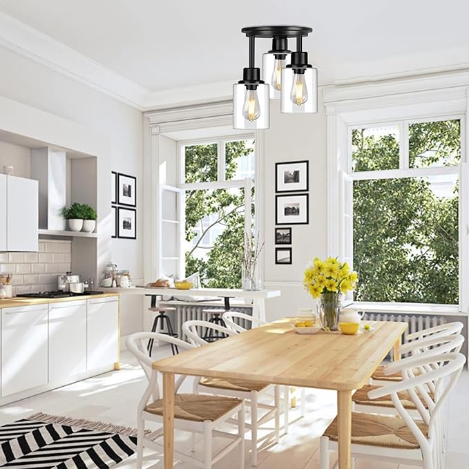 ROTTOGOON Semi Flush Mount Ceiling Light, 3-Light Close to Ceiling Light Fixtures, Matte Black Kitchen Light Fixtures with Clear Glass Shades, Hallway Light Fixtures Ceiling Mount for Foyer Entryway