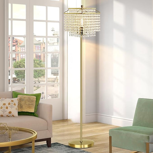 Luvkczc Gold Crystal Floor Lamp, 64" Tall Elegant Standing Lamp with On-Off Foot Switch, Double-Layer Lampshade, Standing Floor Lamps for Living Room, Bedroom, Office, 8W LED Bulb Included