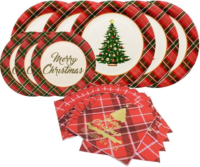 Gatherfun Christmas Party Supplies Christmas Tree Red Plaid Disposable Paper Dinner Plates Dessert Plates and Napkins for Merry Christmas Party, Serve 20