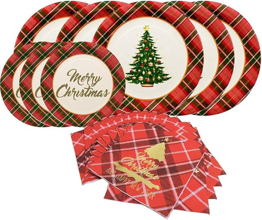 Gatherfun Christmas Party Supplies Christmas Tree Red Plaid Disposable Paper Dinner Plates Dessert Plates and Napkins for Merry Christmas Party, Serve 20