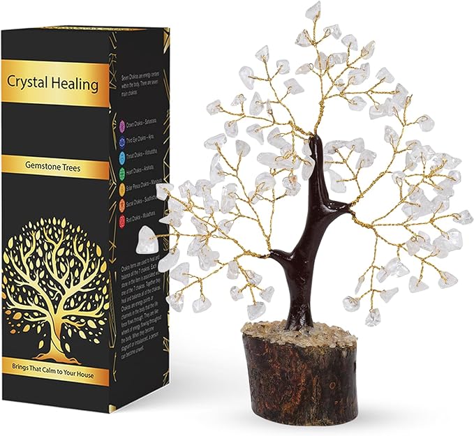 NARIBABU Clear Quartz Crystal Tree (7–8 Inch, 100 Chips) – Handmade Gemstone Bonsai for Clarity & Decor – Birthday Gifts for Women, Gift for Her, Spiritual Gift, Office Desk Decor