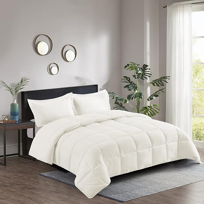 HIG 3pc Down Alternative Comforter Set - All Season Reversible Comforter with Sham - Quilted Duvet Insert with Corner Tabs - Box Stitched - Super Soft, Fluffy (Twin/Twin XL, Ivory)
