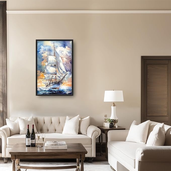 Lovira Nautical Sailboat Large Wall Art Sailing Ocean Coastal Canvas Wall Decor Seascape Pictures Prints Painting Framed Vertical Artwork for Living Room Bedroom Bathroom Kitchen Office 24"x36"