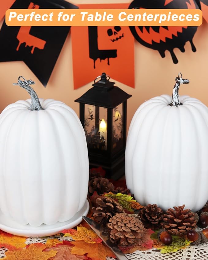 vensovo 2PCS 8 Inch White Plastic Pumpkins for Decorating – Large Artificial Foam Pumpkins for Fall Decor, Halloween, Thanksgiving, Paintable for DIY Crafts & Centerpieces