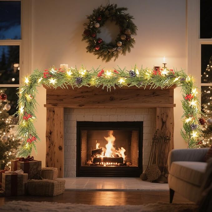 6FT Christmas Garland with Lights, Christmas Decor Pre-lit Artificial Pine Garland with Battery Operated, Decorations Indoor Outdoor Home Holiday Garland for Mantel Window Stairs