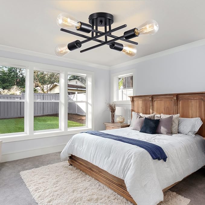 Sputnik Chandeliers, Modern Semi Flush Mount Ceiling Light with E26 Base, Mid Century Industrial Kitchen Farmhouse Light Fixtures for Bedroom Living Room (Black, Ceiling 4 Lights)