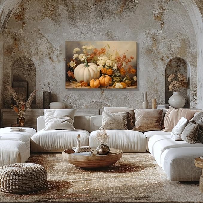 Fall Canvas Wall Art Rustic Pumpkin Posters Fall Pictures Print Dark Cottagecore Thanksgiving Wall Decor for Home Living Room 16x24inch Framed