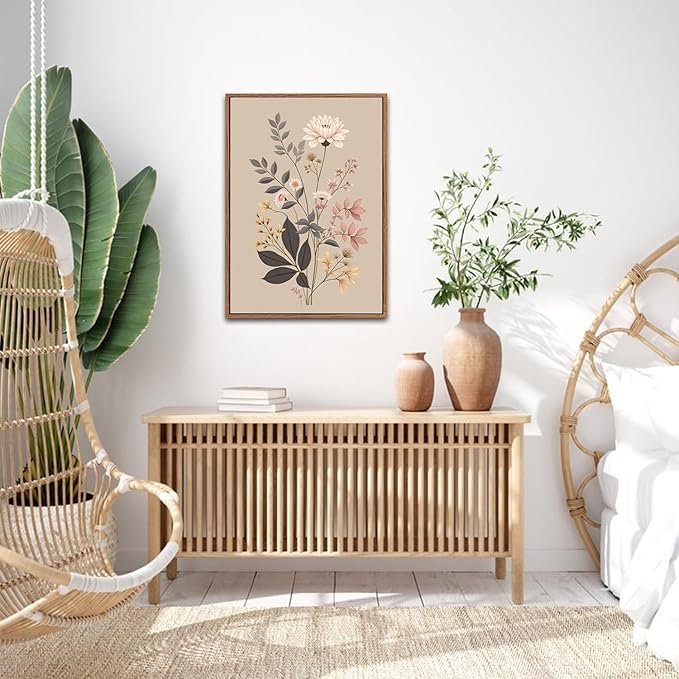 CHDITB Vintage Flower Framed Canvas Wall Art Set, Large Neutral Wildflowers Wall Decor, Farmhouse Floral Artwork Botanical Poster, Modern Art Prints for Living Room Bedroom Office Size 16"x24"