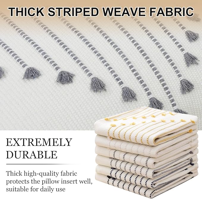 Mecatny Boho Outdoor Throw Pillow Covers 12X20 Set of 2, Farmhouse Lumbar Pillow Covers for Couch Sofa Living Room, Grey & Cream White