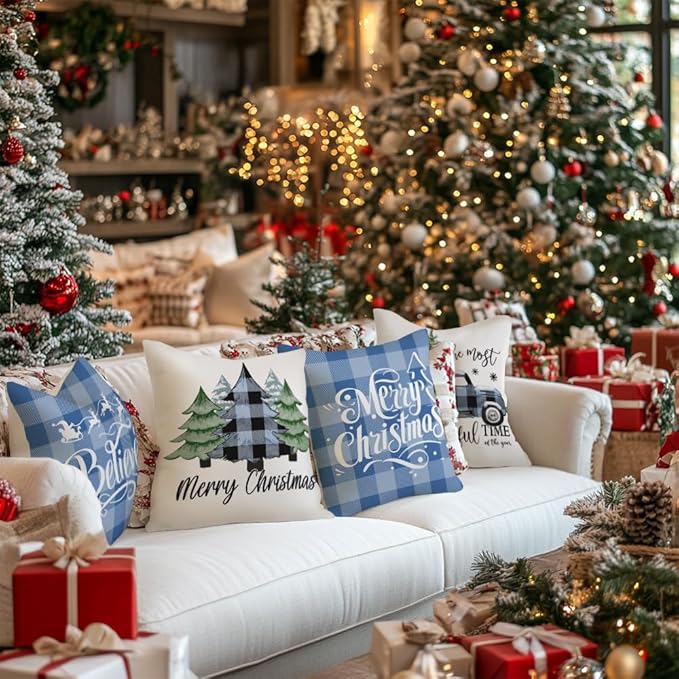 GEEORY Merry Christmas Throw Pillow Covers 16x16 Inch Set of 4, Xmas Trees Truck Blue Buffalo Plaid Believe Farmhouse Decorative Cushion Cases for Home Decoration G594-16