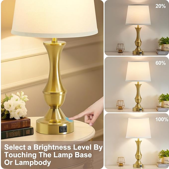 Luvkczc 22" Gold Table Lamps Set of 2 - Modern Luxury Bedside Lamps with White Fabric Shade, 3-Way Dimmable & Dual USB C+A Ports, Nightstand Lamps for Bedroom/Living Room (Bulb Included)